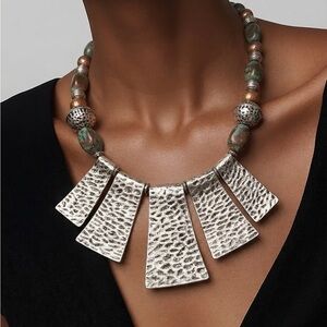 VCLM Hammered Silver-Tone Statement Bib Necklace Chunky Tribal Boho Collar